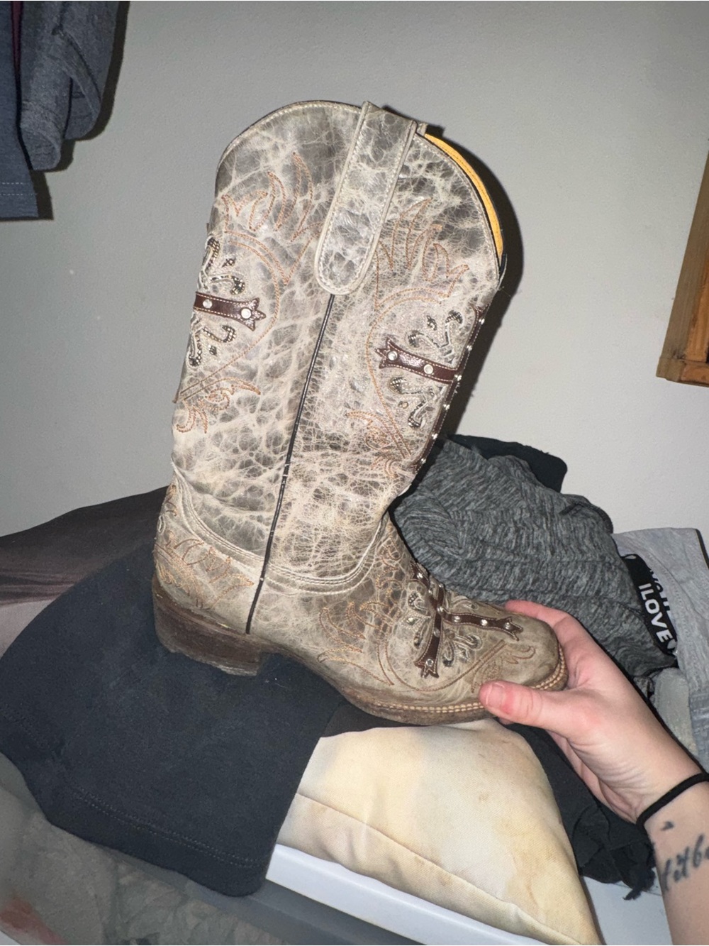 Justin Boots Distressed Taupe Leather Women's Heeled Western Boots